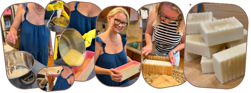 Handmade soap process collage — mixing, pouring, curing, and finished bars by Erika